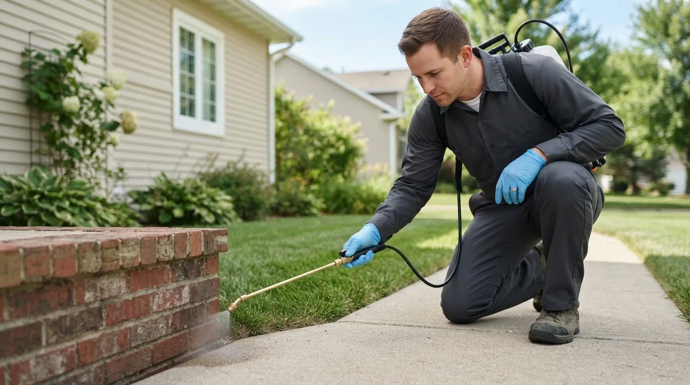 Pest control technician treating a home near Wrentham, MA